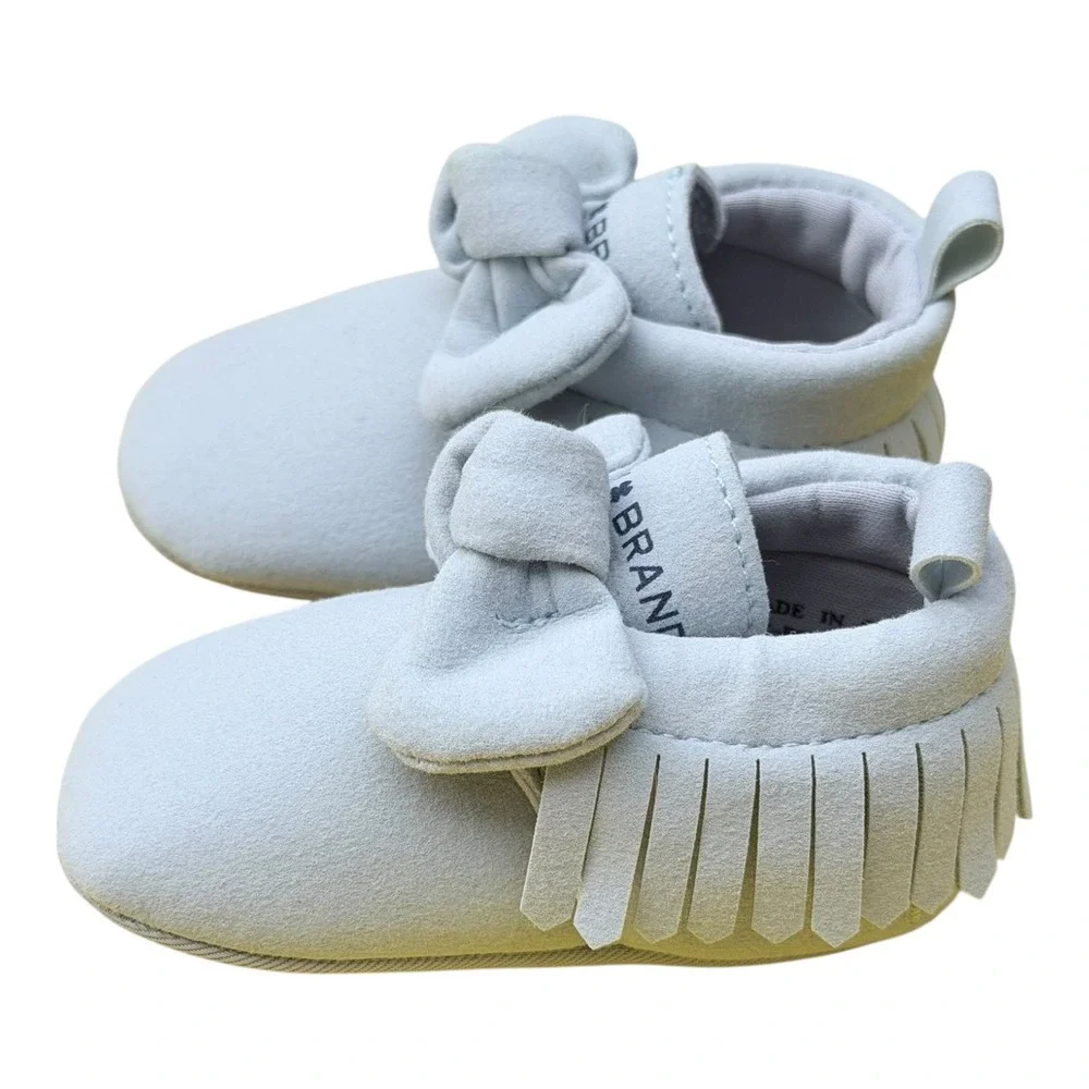 Boho Chic Lucky Brand Moccasin Booties Size 2 Light Blue Faux Suede Fringe Bow